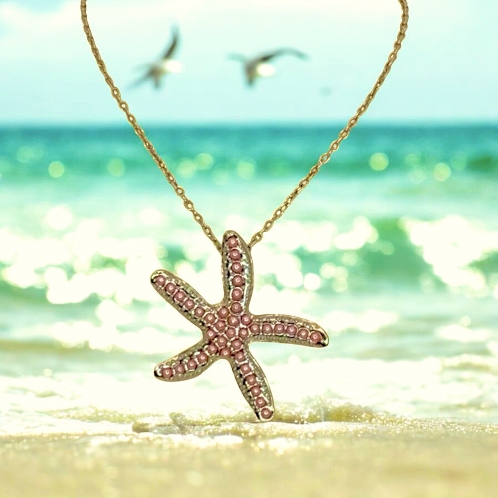 Starfish Pink and Gold Necklace with Pink Faux Pearl  Accents - Picture 2 of 9